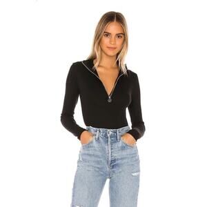 OW Collection Revolve Sz XS Lucy Long Sleeve Zip Up Thong Bodysuit Black Caviar